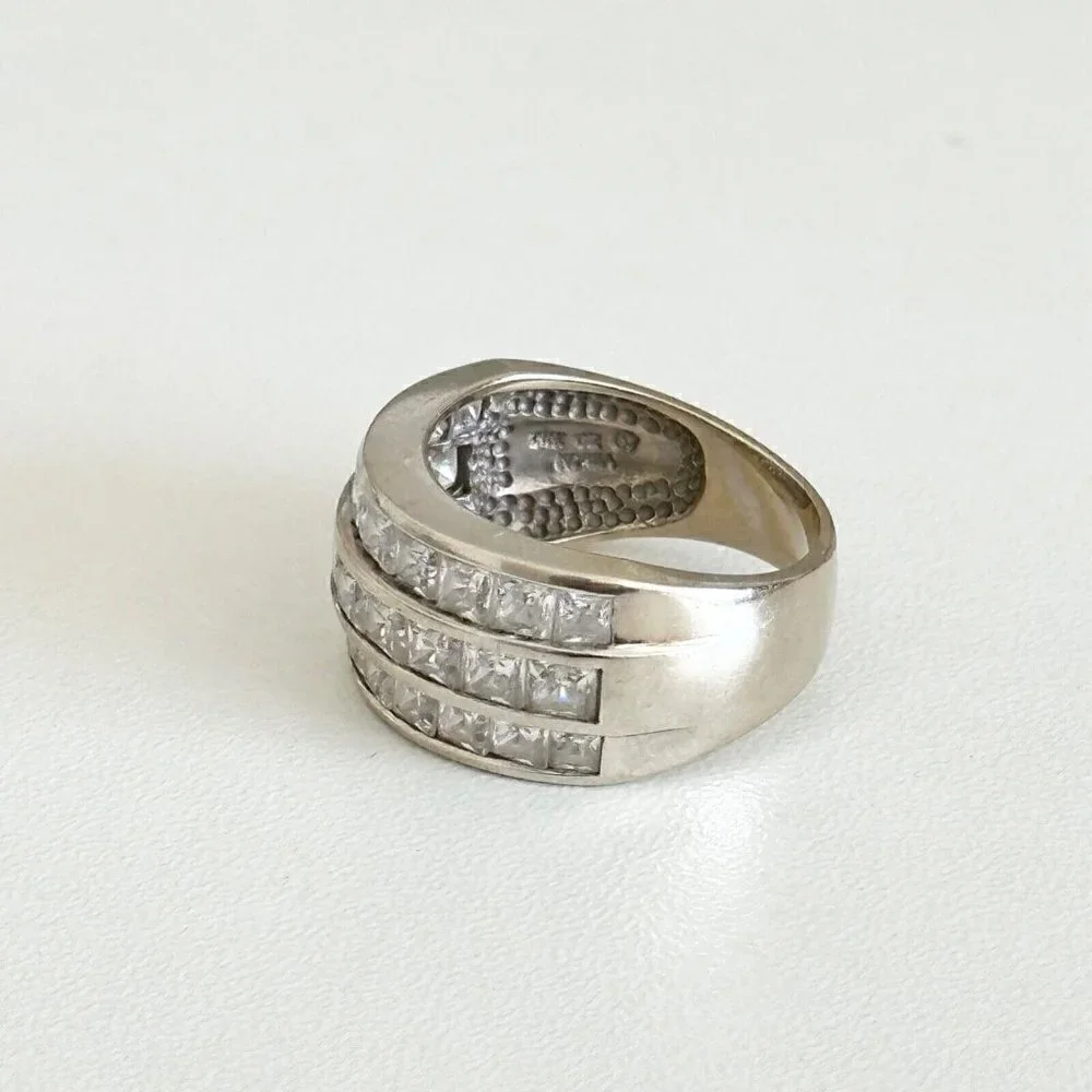 14K White Gold Three Row Clear CZ Wide Chunky Statement Band Ring Size 6.75